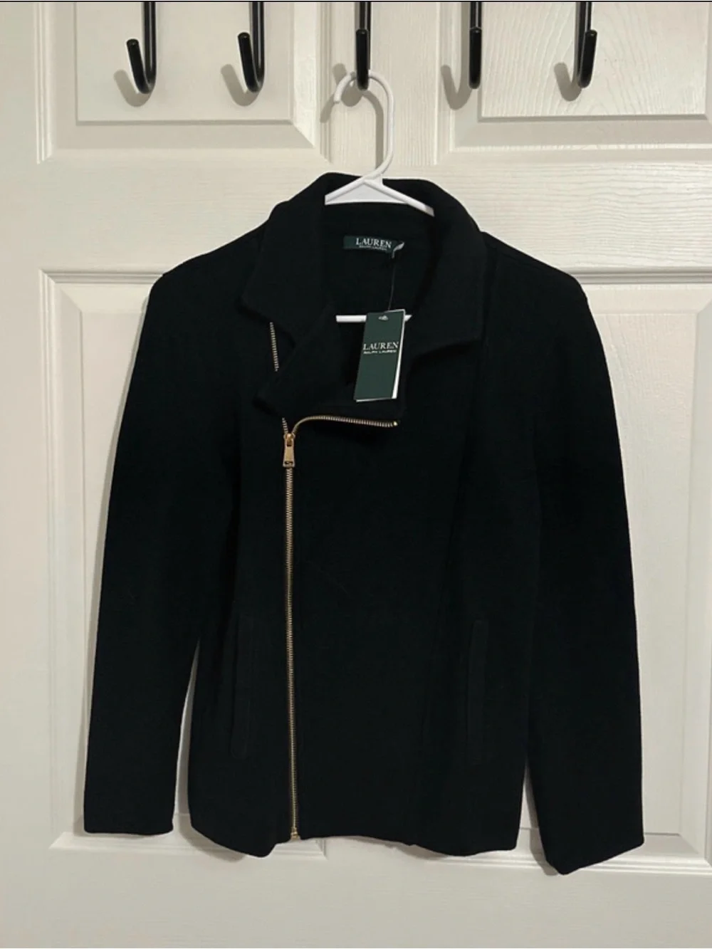 Lauren Ralph Lauren NWT Black Moto Jacket Gold Asymmetric Zip Size Medium
